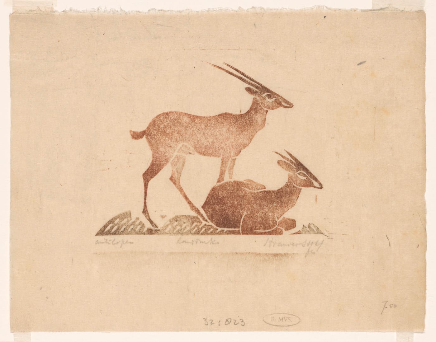 Woodcut print of two antelopes in brown and black ink, Rijksmuseum, Amsterdam.