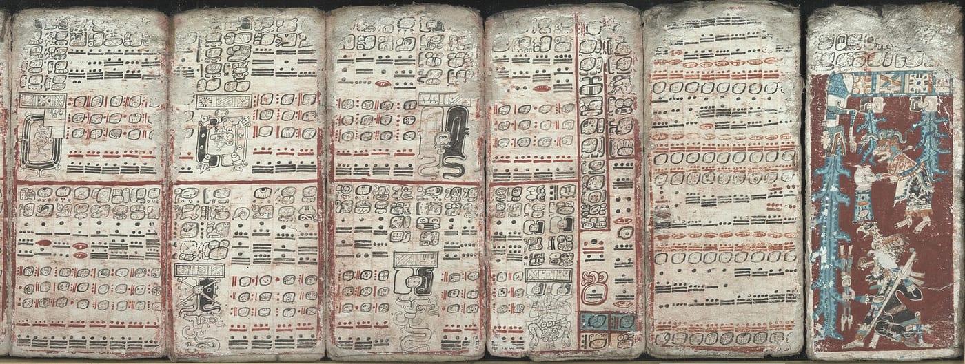 Page from the Dresden Codex showing the Maya bat deity Camazotz (Death Bat), c. 1200–1250 CE, one of the oldest known Mesoamerican manuscripts, Sächsische Landesbibliothek Dresden.