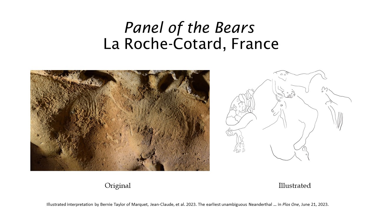 Paleolithic cave engraving of bears on the limestone wall of the La Roche-Cotard cave, France, circa 28,000–35,000 BCE.