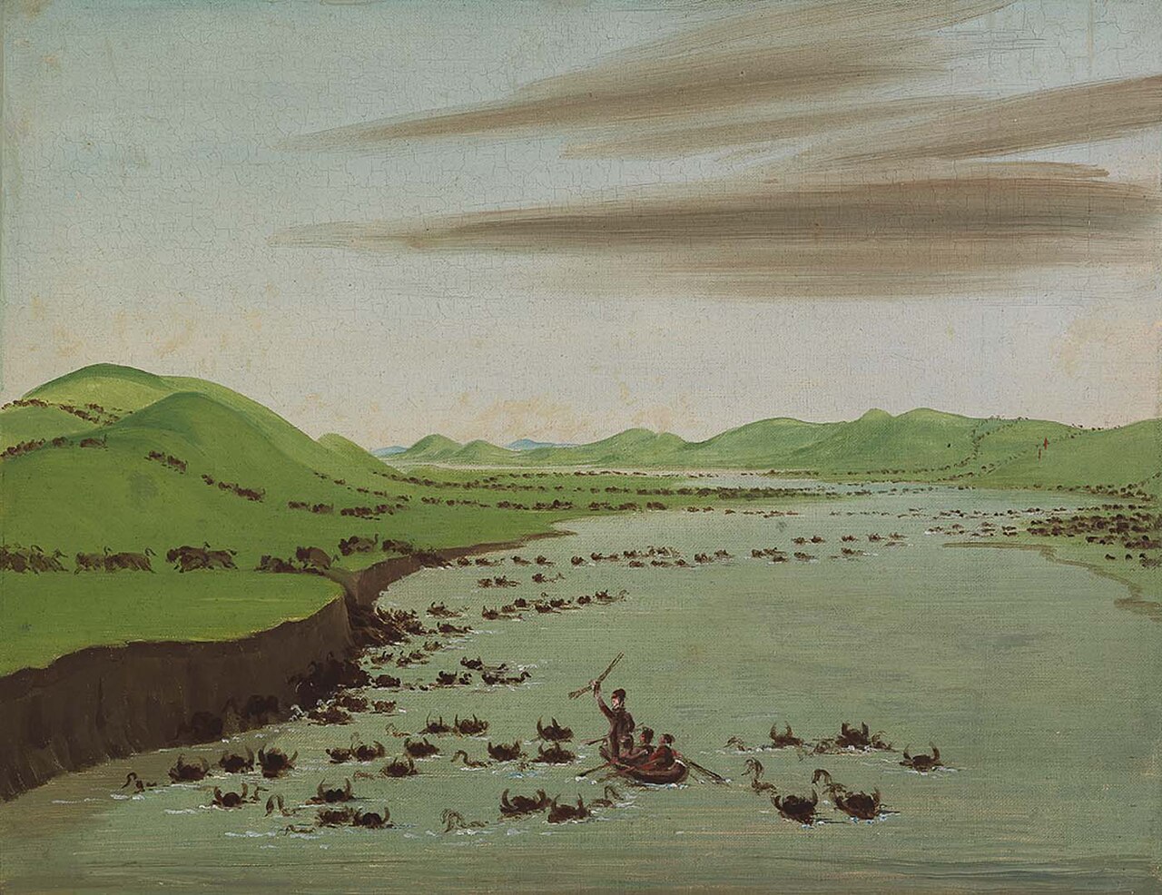 George Catlin's 1832 painting of buffalo herds crossing the Upper Missouri River.