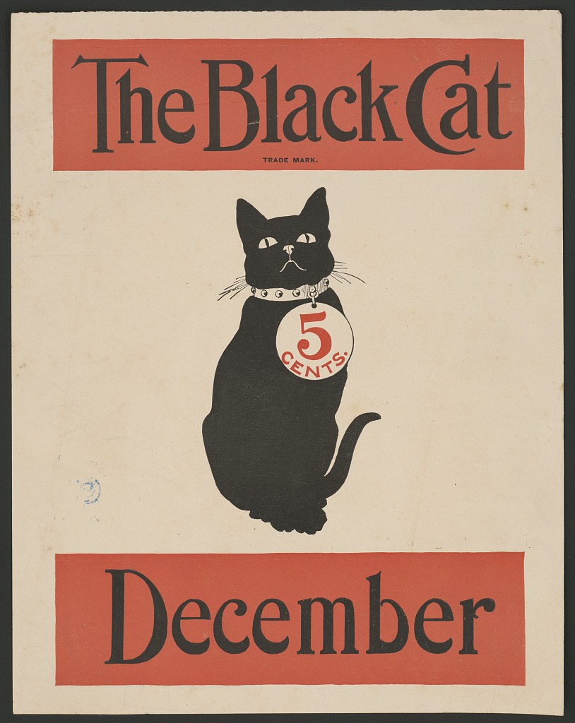 A magazine cover reading The Black Cat, December, in heavy display type, with a stylised seated black cat wearing a collar tag reading 5 CENTS.
