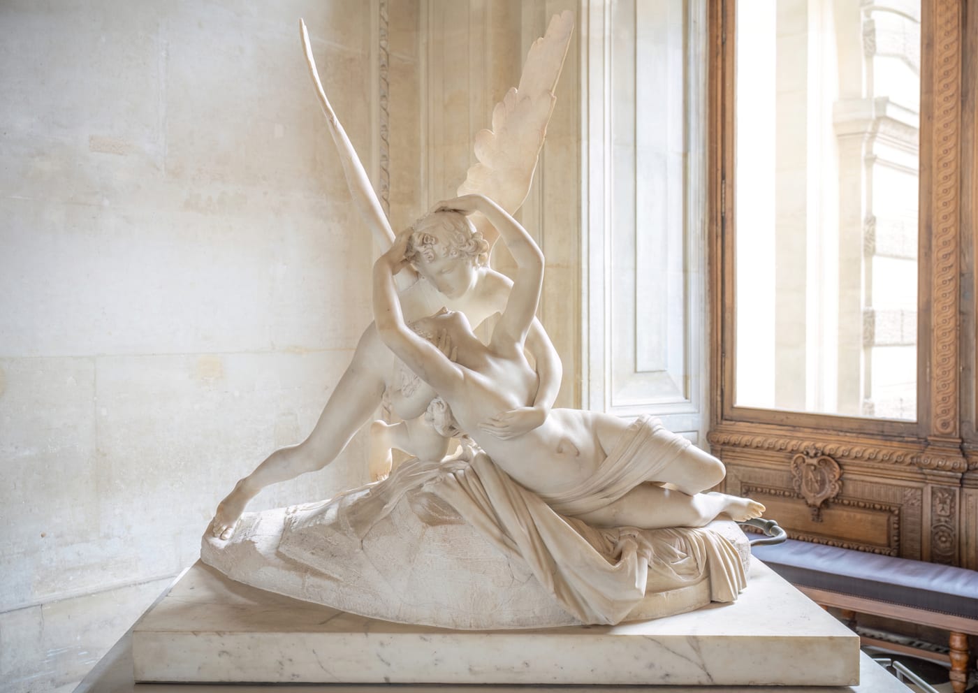 Marble sculpture by Canova of Cupid embracing Psyche, circa 1793, Louvre.