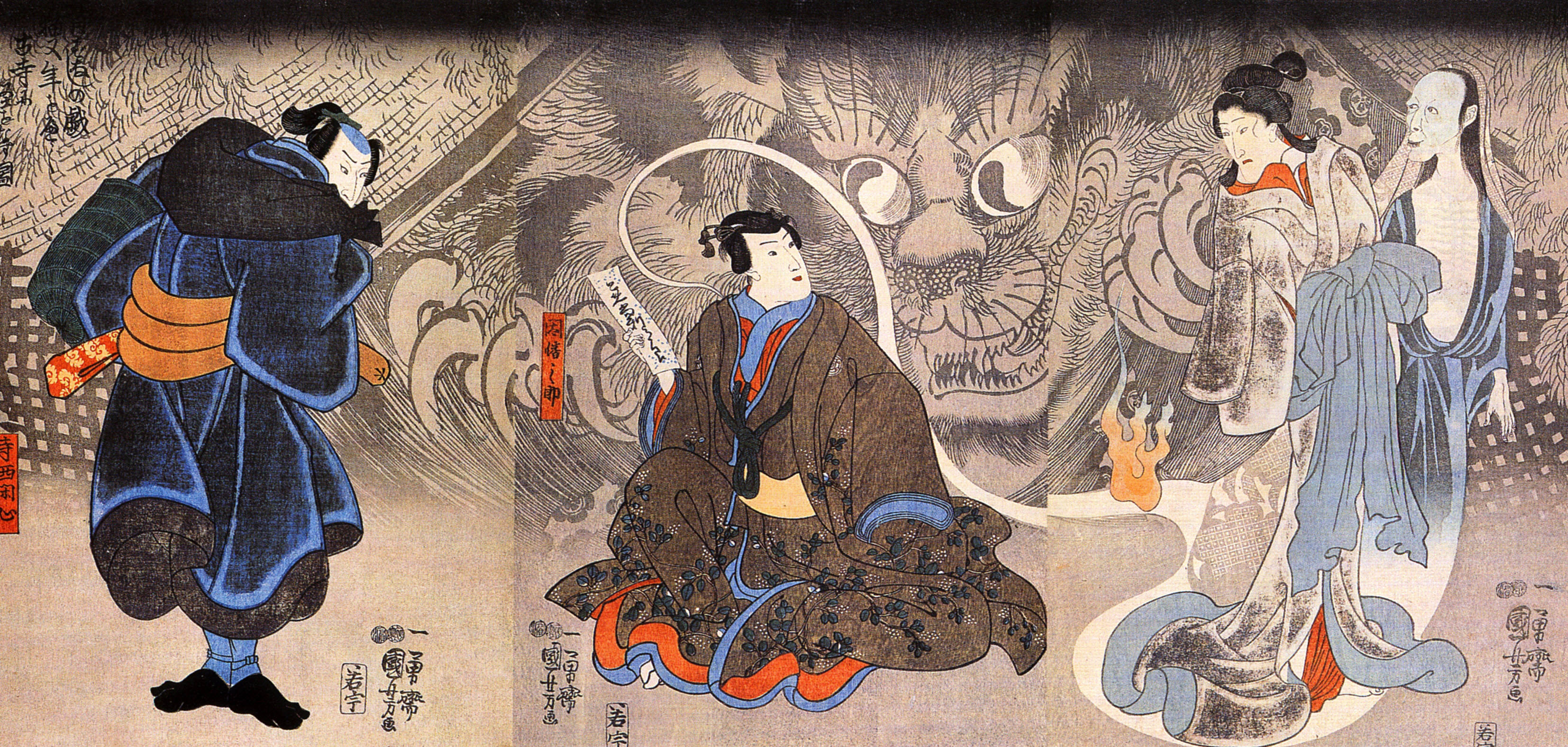 Utagawa Kuniyoshi woodblock triptych 'Apparition of the monstrous cat' (Mukashi banashi no tawamure: Nekomata toshi wo hete), showing a giant supernatural cat with a forked tail looming over kabuki actors.