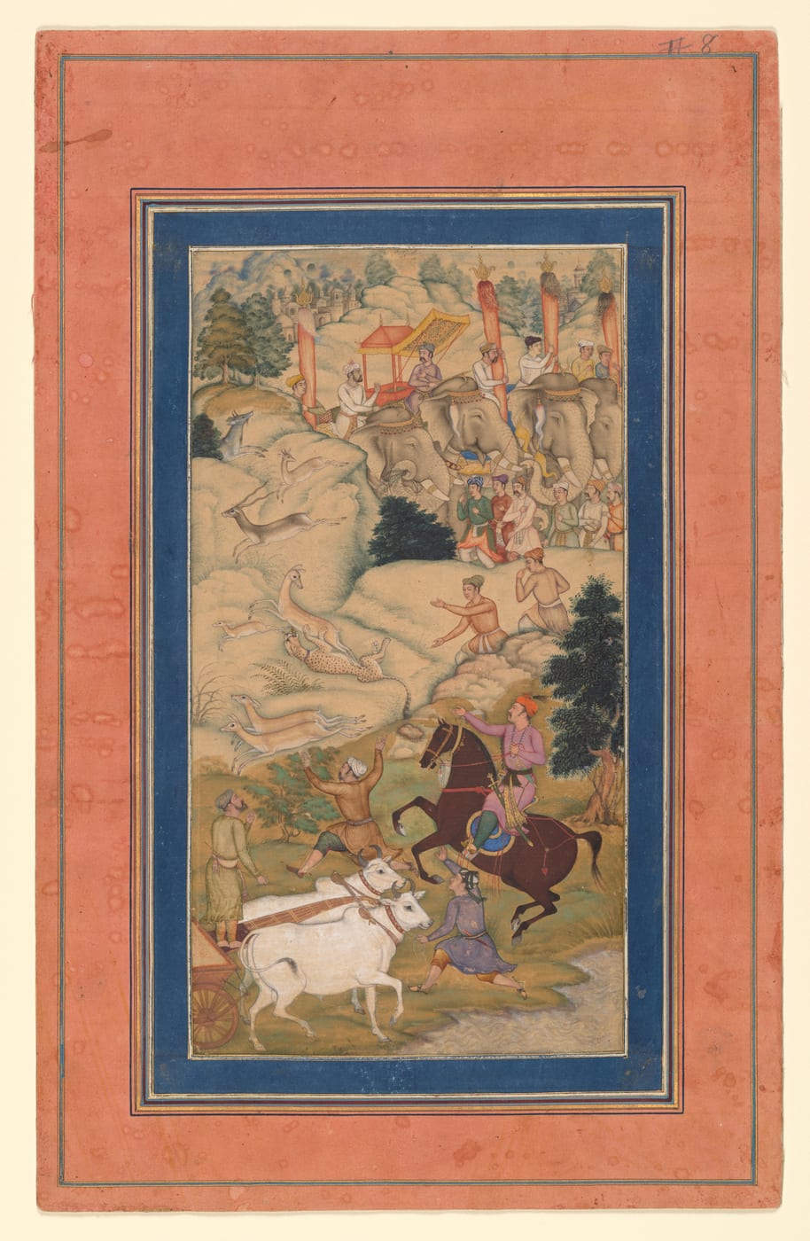 Mughal miniature painting of a royal hunt: elephants with riders on a hillside, a horseman below, fleeing antelope across the middle ground, and a spotted cat pulling down one of them.