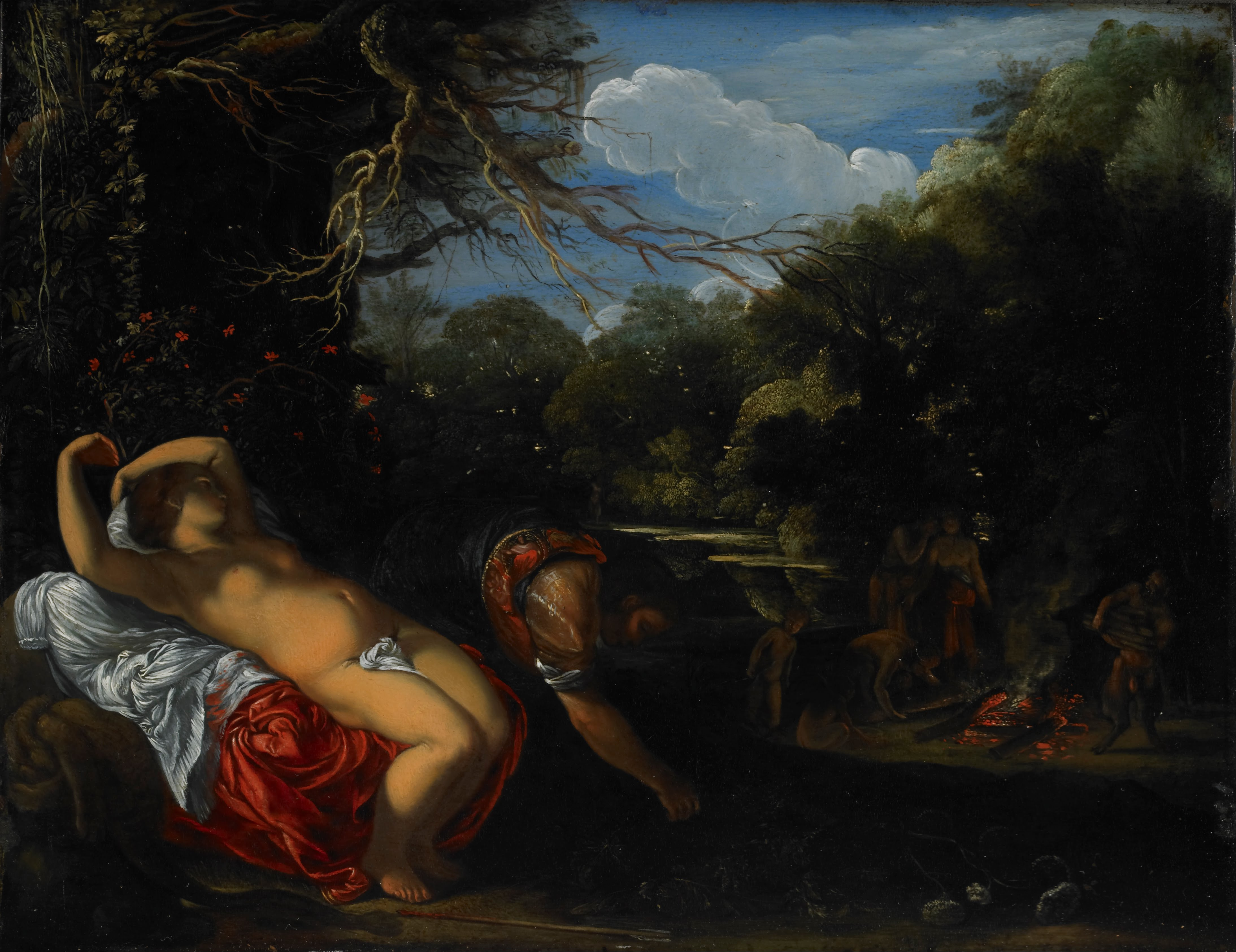 Adam Elsheimer's oil-on-copper painting Apollo and Coronis (c. 1606–1608), showing Apollo discovering the dying Coronis after he has shot her on the report of the white crow.