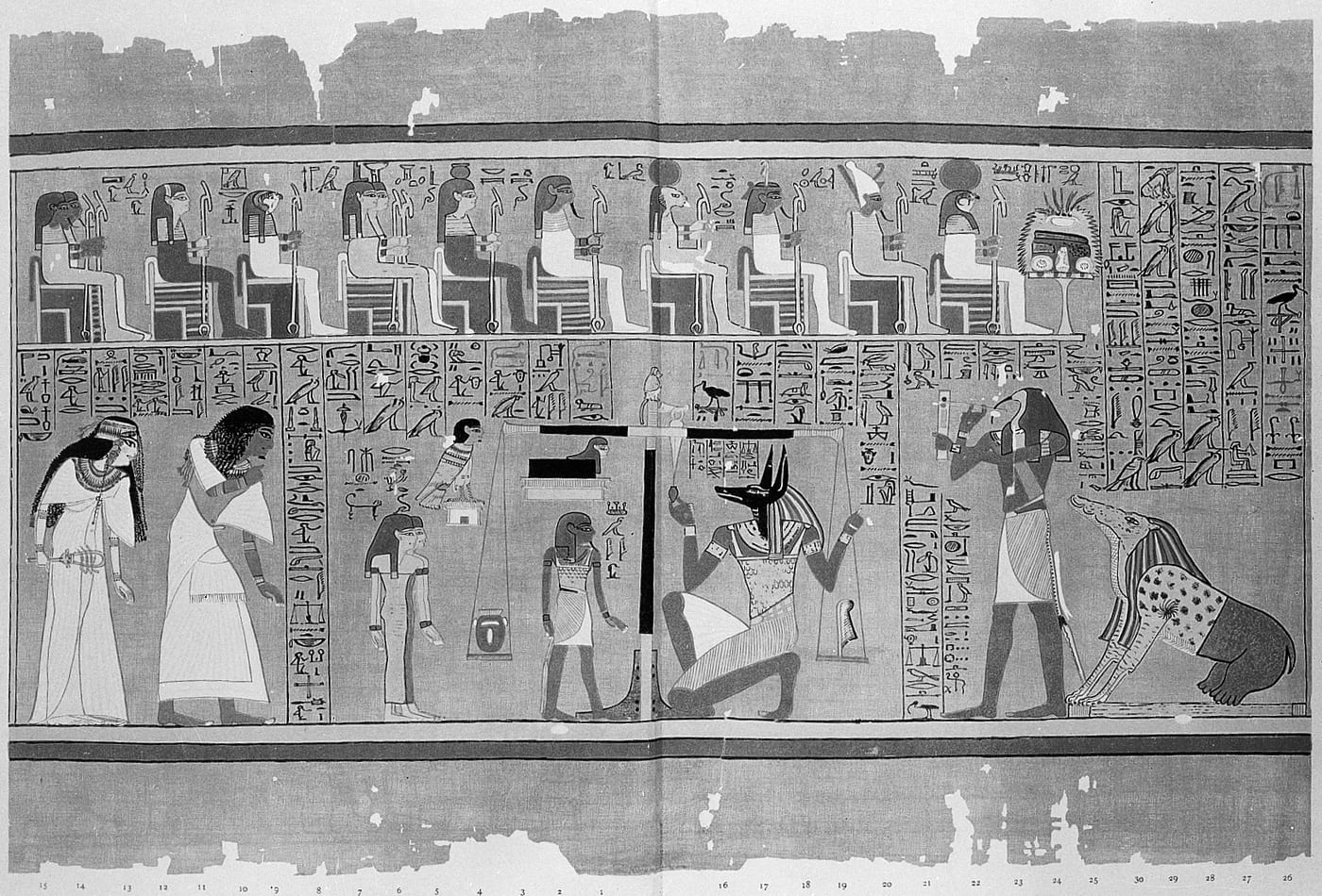 Illustration of Anubis the jackal-headed god weighing a heart against the feather of Ma'at, with Thoth recording the judgment, from the Papyrus of Ani facsimile, 1894.