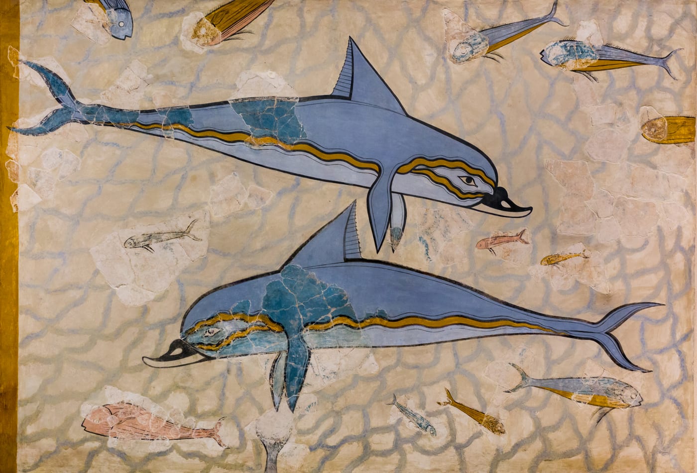 Minoan fresco from the Queen's Megaron at the Palace of Knossos, Crete, c. 1500 BCE, showing dolphins and fish swimming in a blue sea, Heraklion Archaeological Museum.