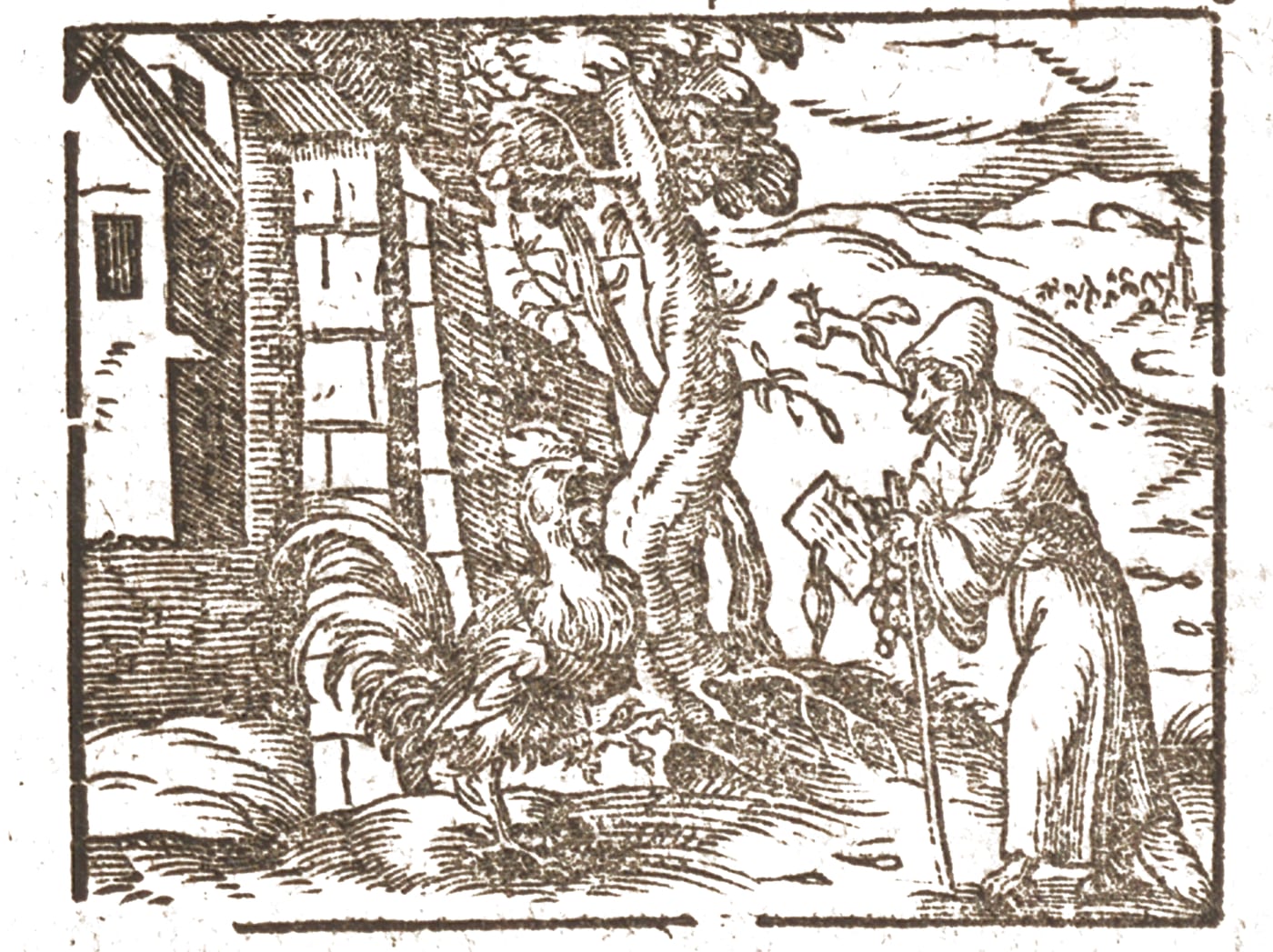 Woodcut illustration from William Caxton's The History of Reynard the Fox, Westminster 1481, showing Reynard the Fox in a bishop's robes preaching to a congregation of animals.