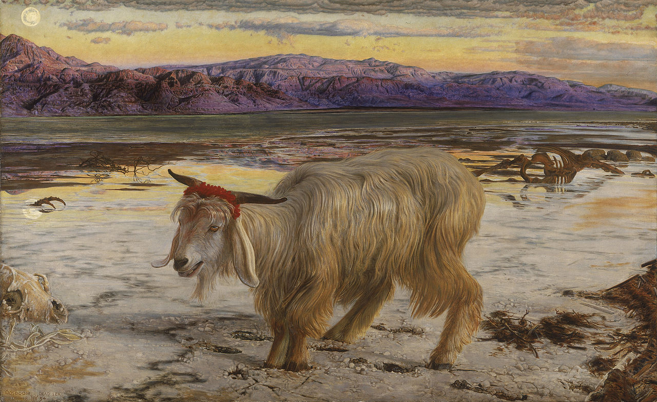 Painting of a long-haired pale goat with a red band wound around its horns, standing on the salt-crusted shore of the Dead Sea under purple mountains, with animal bones scattered nearby.