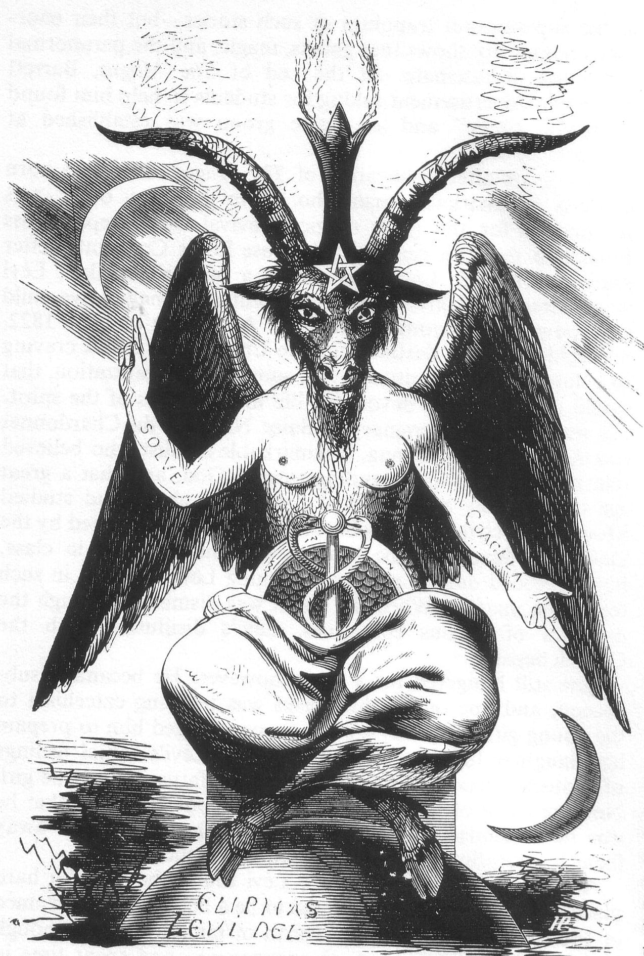 Nineteenth-century engraving of a seated winged figure with a goat's head, a pentagram on the forehead, a torch between the horns, one arm raised and one lowered, lettered SOLVE and COAGULA, signed Eliphas Levi.