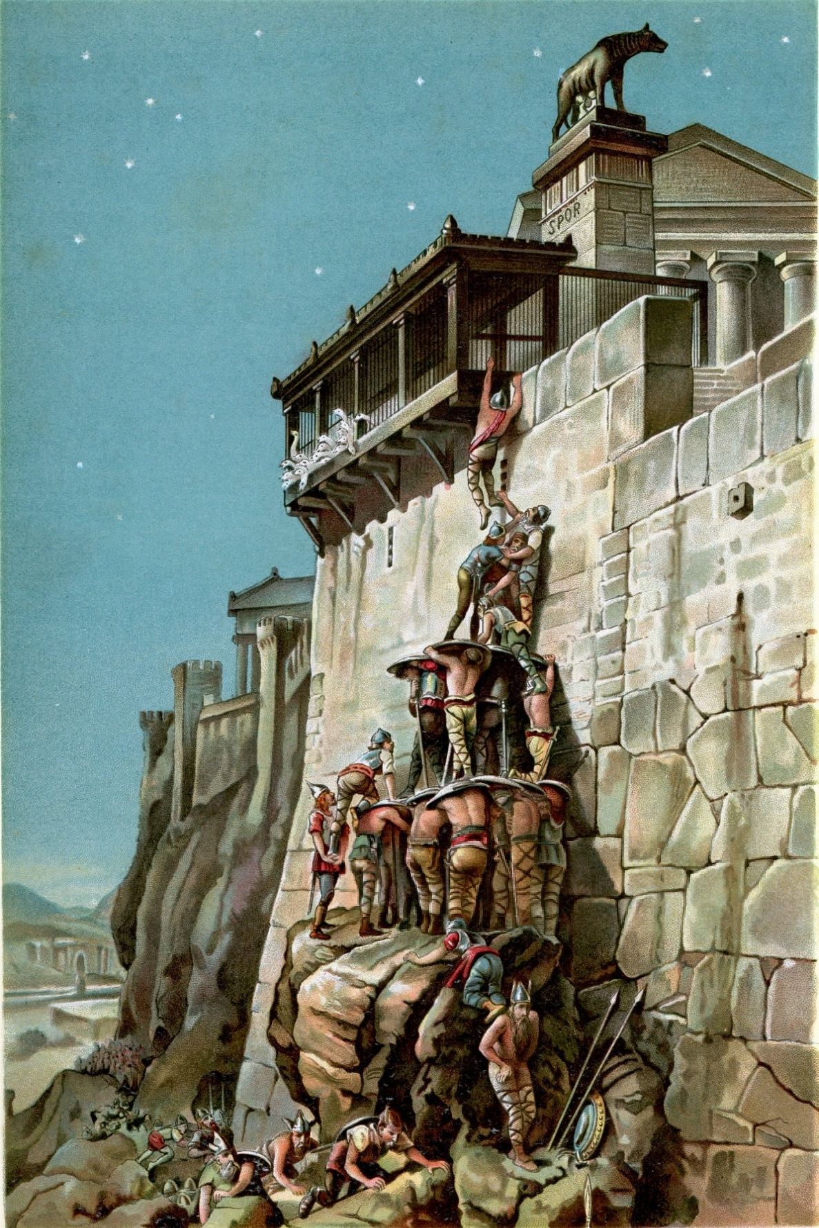 Colour lithograph after Henri-Paul Motte showing Roman defenders massed on the Capitoline wall at night as geese raise the alarm and Gauls climb the rock below.
