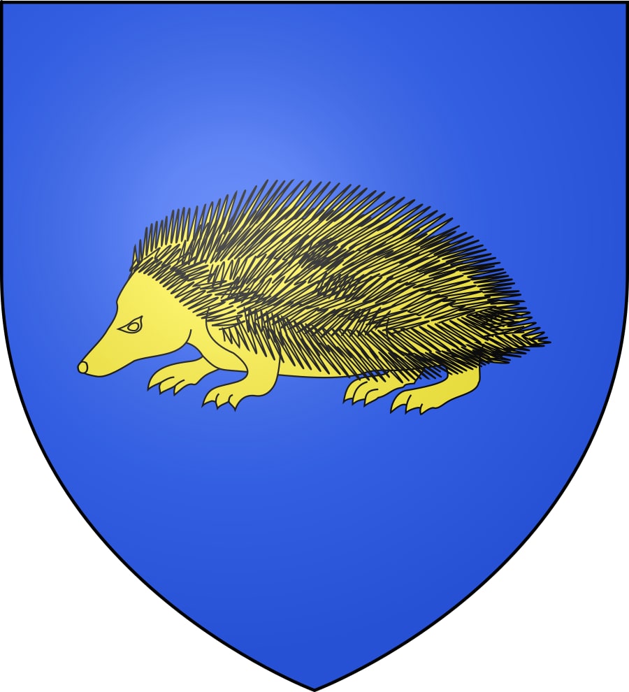 A heraldic shield with a blue field bearing a single gold hedgehog in profile, spines raised, facing left.