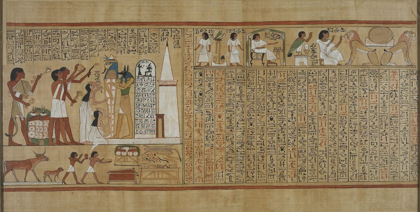 Painted papyrus showing the Opening of the Mouth ritual, with a priest at the far left wearing a spotted animal hide over one shoulder, a mummy held upright by a jackal-headed figure, mourners, and columns of hieroglyphs.