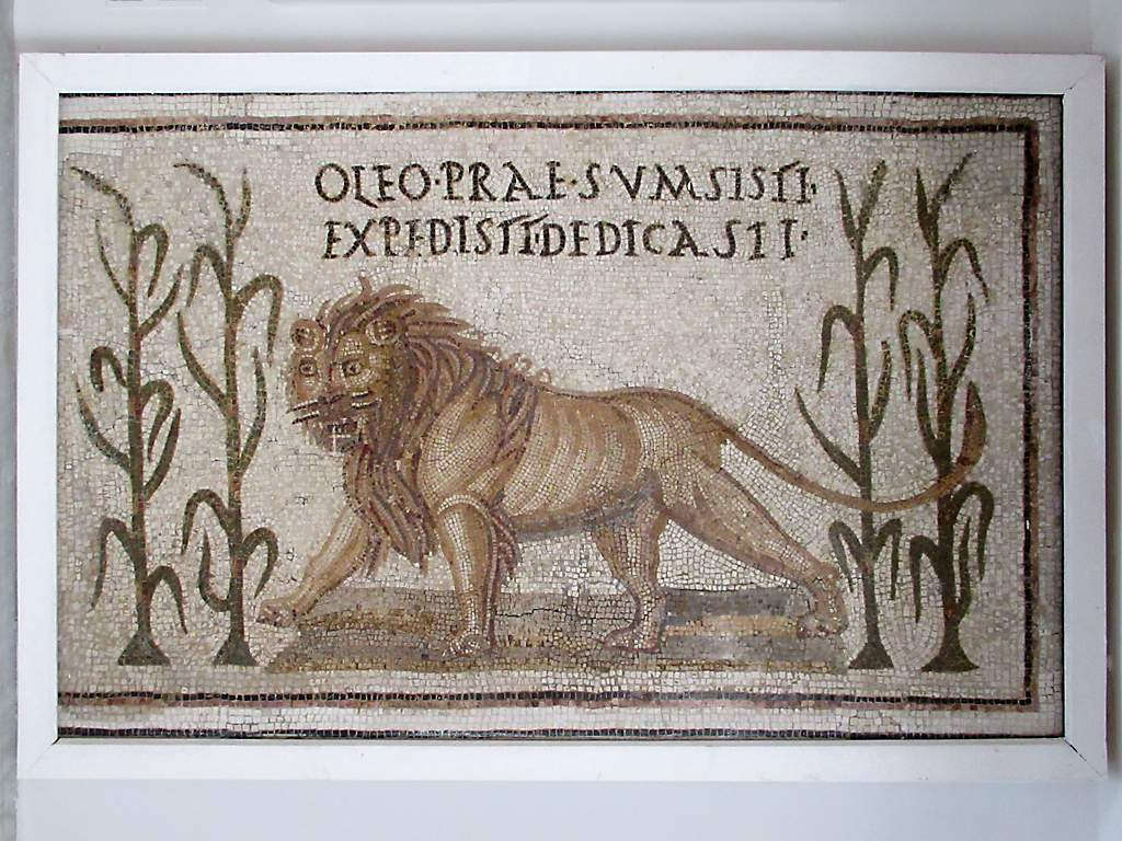 Roman mosaic from Utica, Tunisia, 3rd century CE, showing the scene of Androcles removing a thorn from a lion's paw, later remembered as a fable of gratitude and mercy, Bardo National Museum, Tunis.