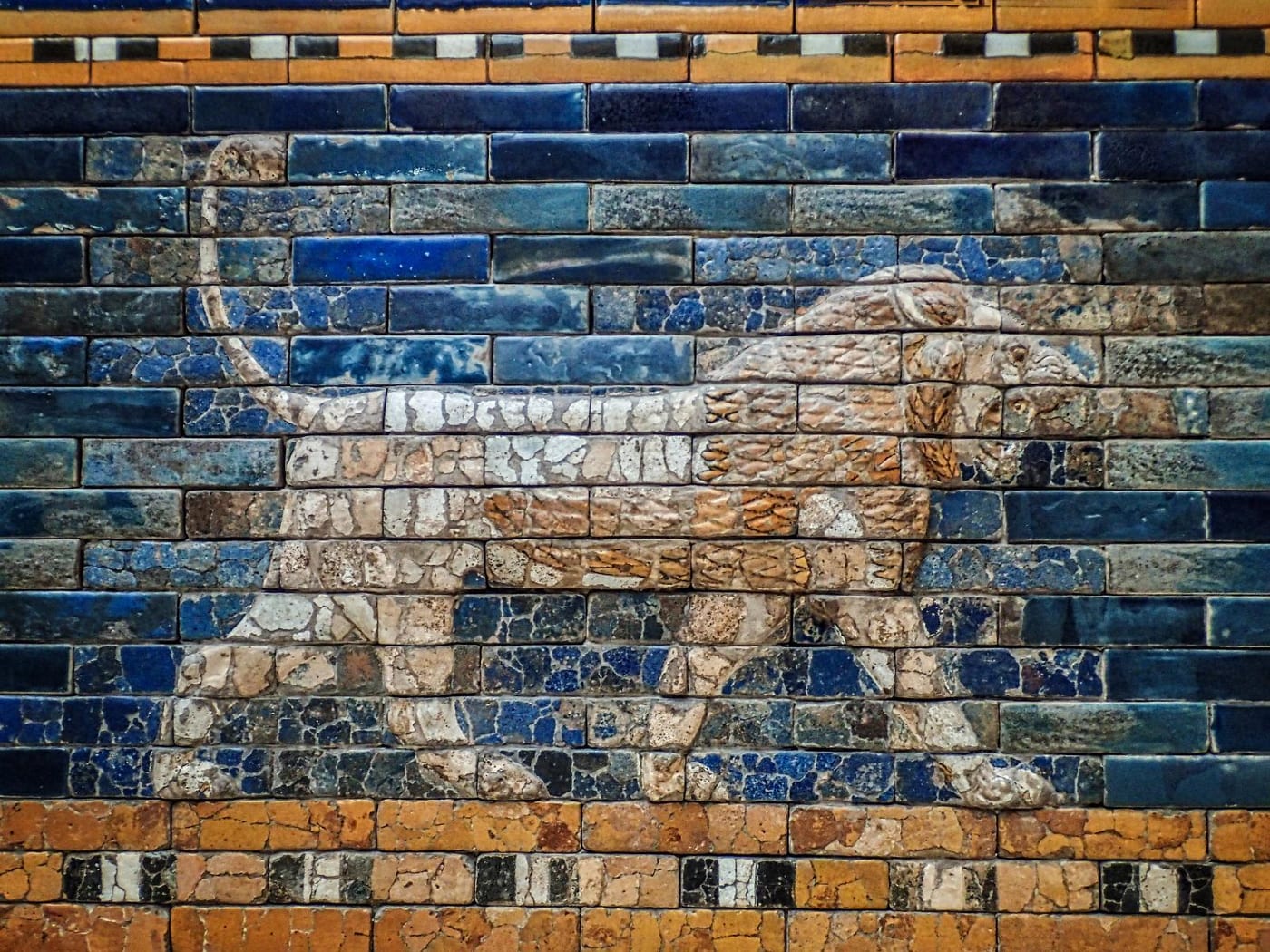 Glazed brick lion from the Processional Way of the Ishtar Gate of Babylon, c. 575 BCE, Pergamon Museum.