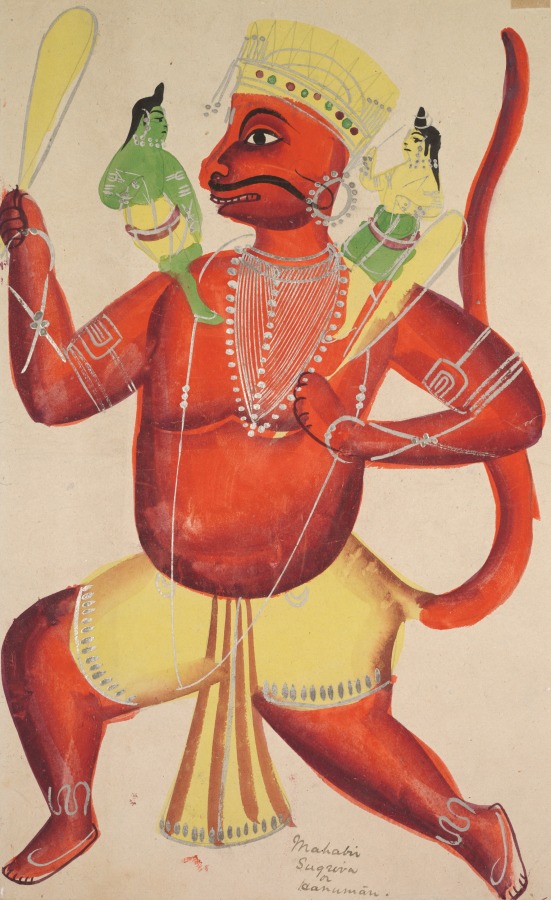Kalighat painting of Hanuman in red with a monkey's face and long tail, striding forward with the small figures of Rama and Lakshmana seated on his shoulders.