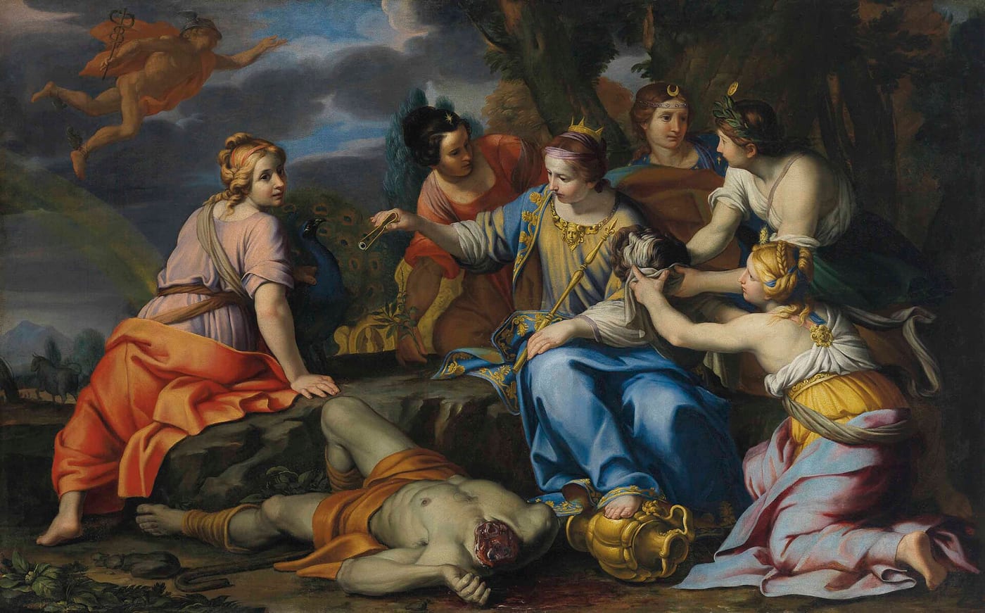 Oil painting by Jacopo Amigoni showing Juno (Hera) placing the hundred eyes of Argus Panoptes onto the peacock's tail, c. 1730, National Gallery of Victoria, Melbourne.