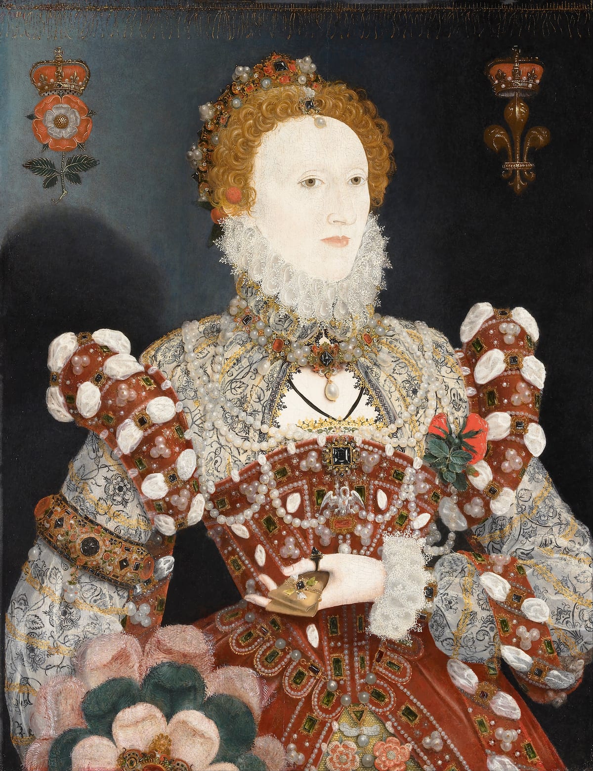 The Pelican Portrait of Queen Elizabeth I: the queen in an elaborate embroidered gown covered with pearls and jewels, a small pelican pendant hanging at her breast, with a Tudor rose and a fleur-de-lis above her shoulders.