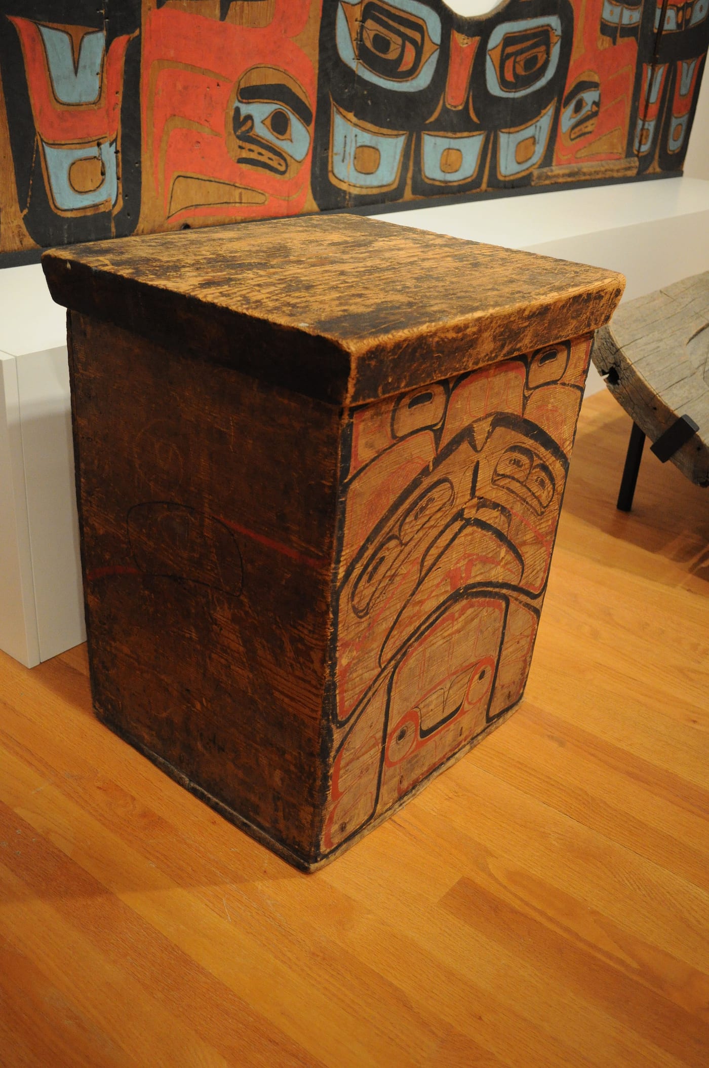 Haida or Haisla bent-corner cedar box with painted formline design, c. 1875.