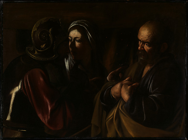 Caravaggio painting in deep shadow showing a woman pointing accusingly, a helmeted soldier beside her, and Peter with both hands raised to his own chest in denial.