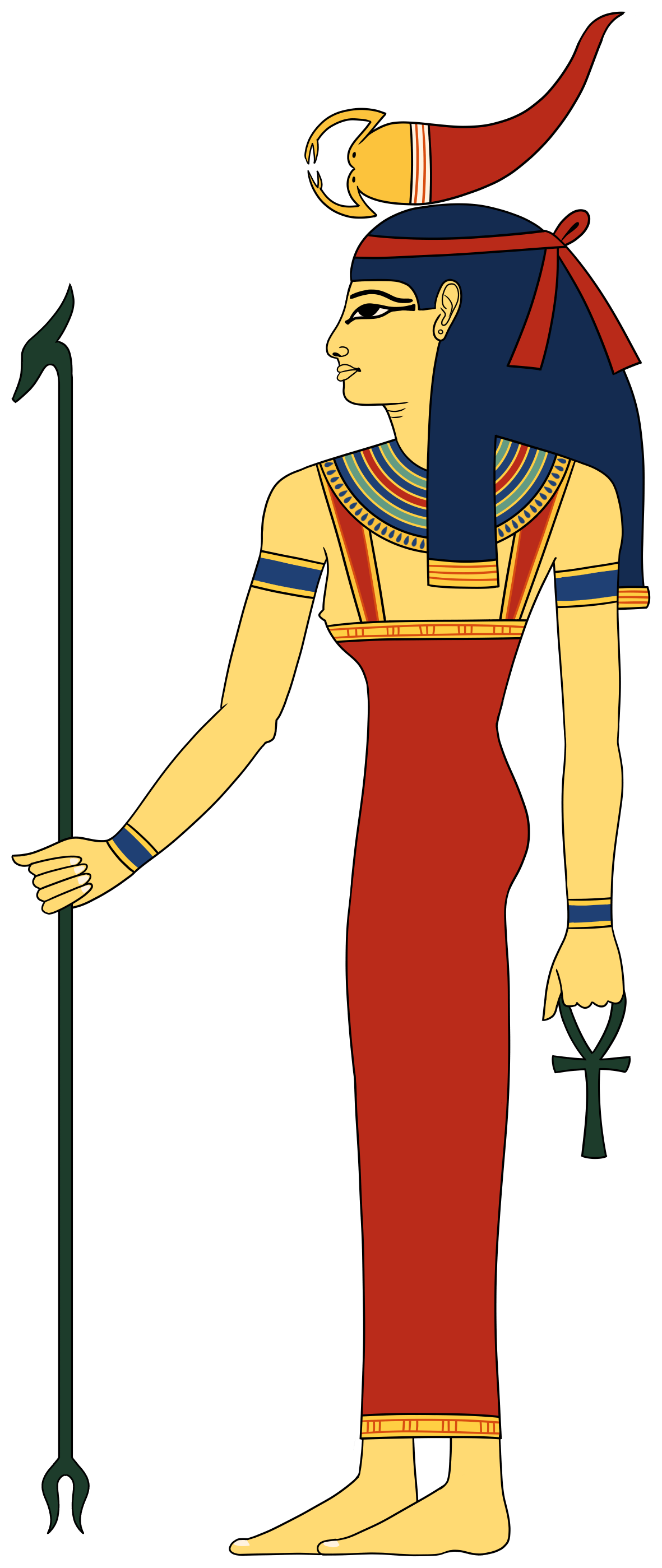 Digital illustration of Serket, the ancient Egyptian scorpion goddess, depicted as a woman wearing a scorpion crown and holding an ankh and was scepter.