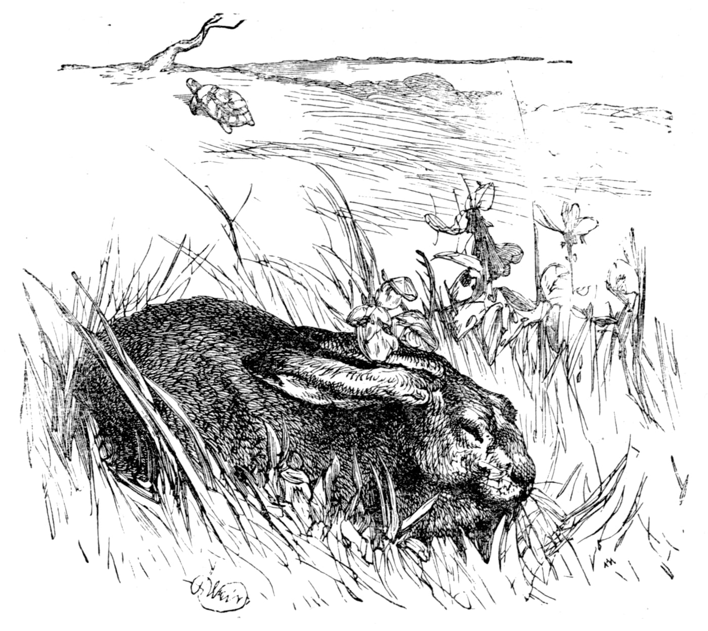 Woodcut illustration of Aesop's fable of the Tortoise and the Hare, from William Caxton's Fables of Aesop, Westminster 1484, showing the tortoise plodding while the hare sleeps under a tree.