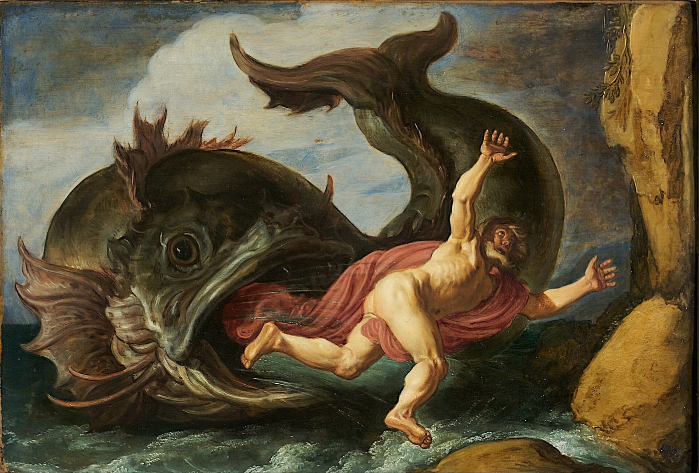 Oil painting by Pieter Lastman of the prophet Jonah being expelled from the mouth of a great whale onto a rocky shore, 1621.