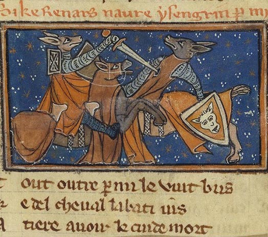 Medieval manuscript illumination depicting Reynard the Fox from the Roman de Renart cycle, showing the fox in a cunning pose characteristic of the trickster narrative.
