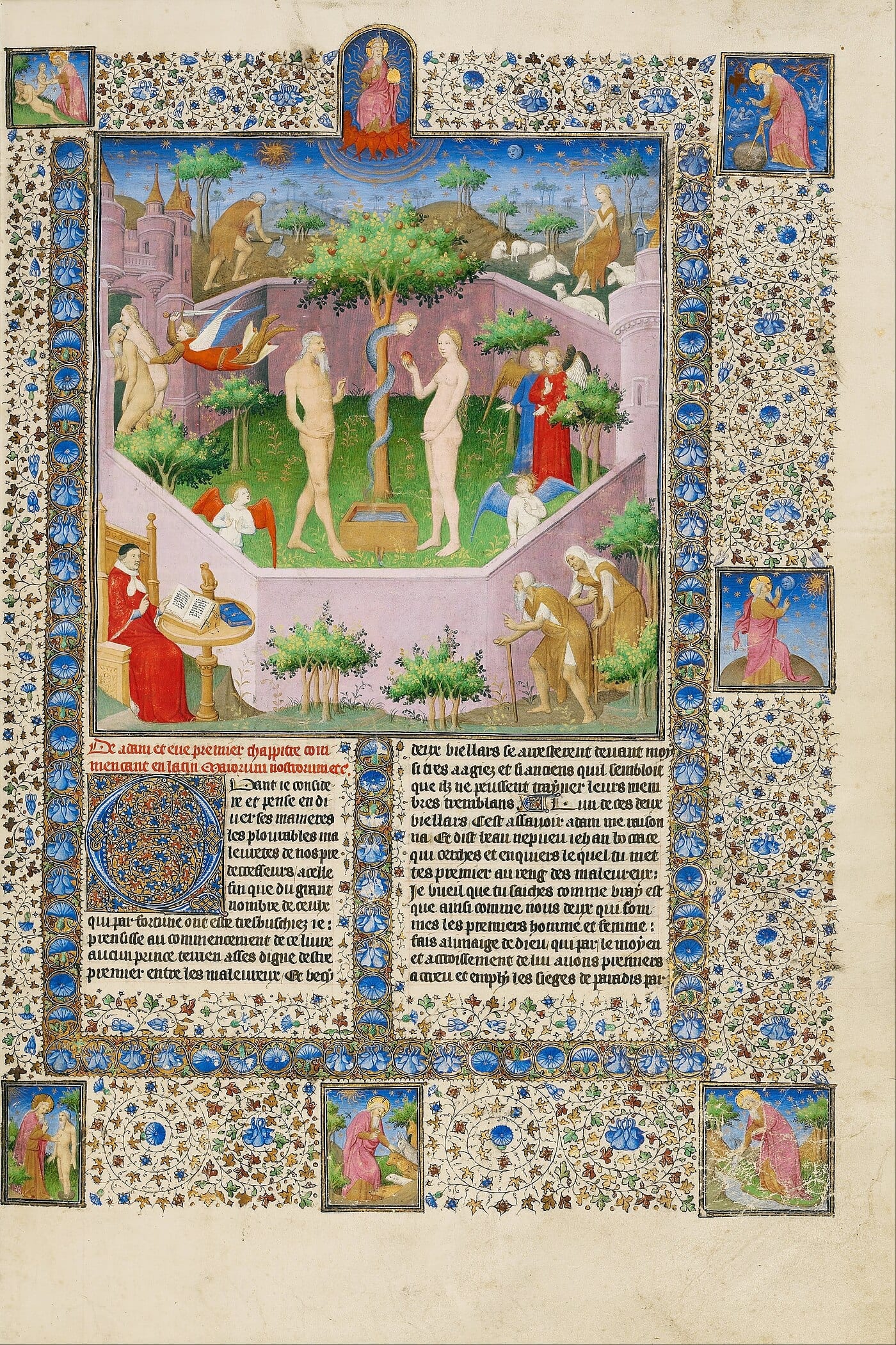 Illuminated manuscript page by the Boucicaut Master showing the story of Adam and Eve with the serpent in the Garden of Eden, c. 1413–1415, Getty Center.