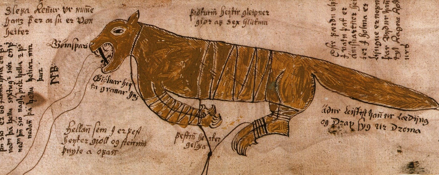 Manuscript illumination of Fenrir bound by the ribbon Gleipnir, from the Icelandic manuscript AM 738 4to, 17th century, Árni Magnússon Institute, Reykjavik.