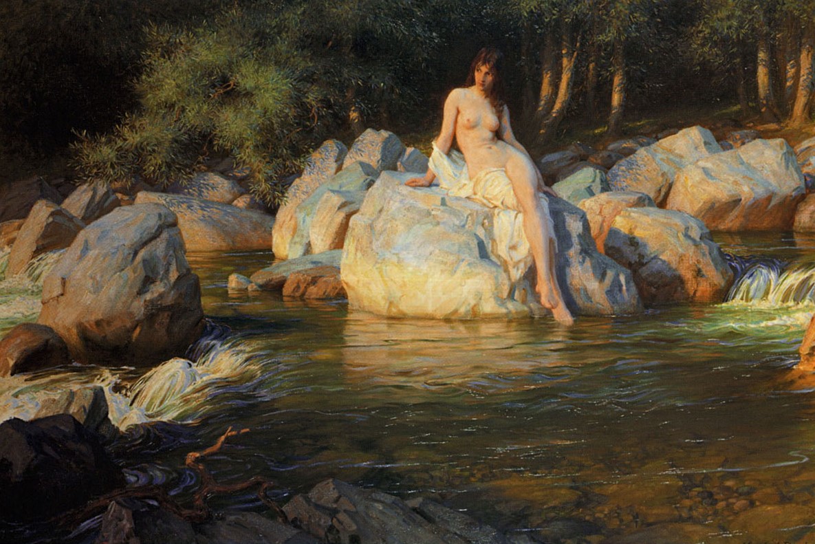 Oil painting by Herbert James Draper of the kelpie as a pale figure in a moonlit forest, 1913.