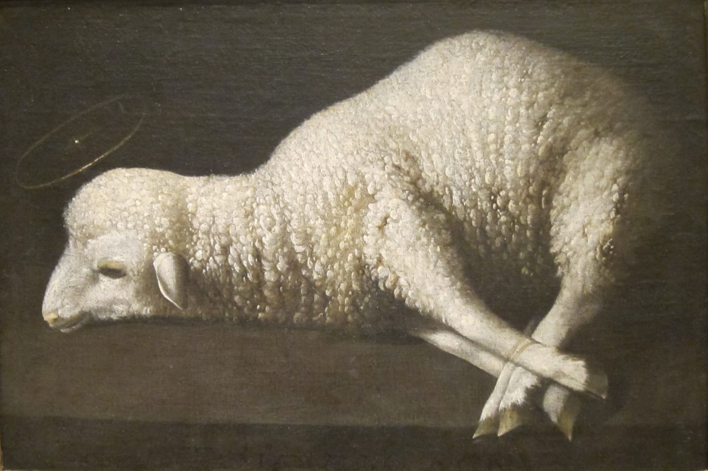 Oil painting by Francisco de Zurbarán of a bound lamb (Agnus Dei, Lamb of God) lying on a stone surface.