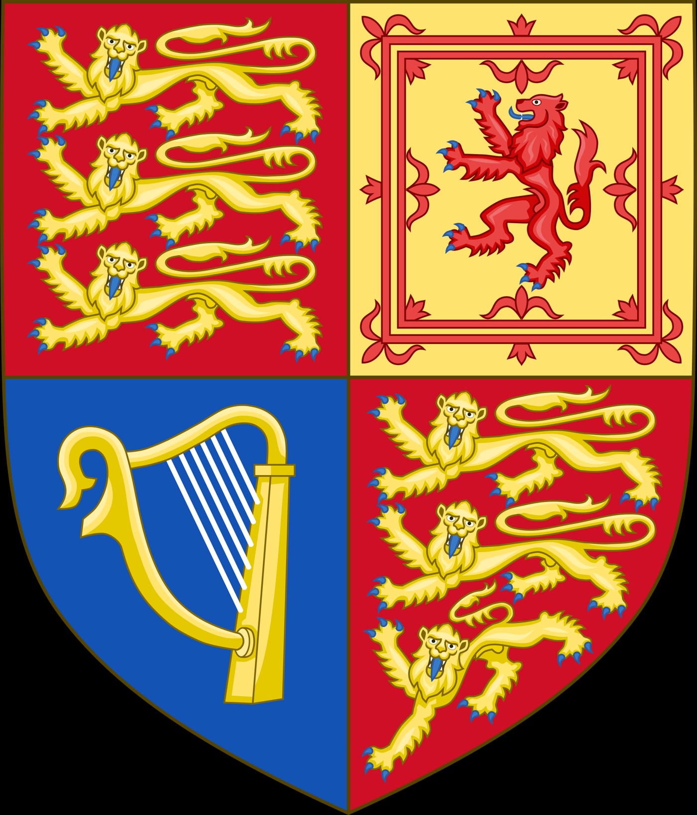 The Royal Coat of Arms of the United Kingdom showing three golden lions passant guardant on red in the first and fourth quarters, used since Edward III of England, 14th century.