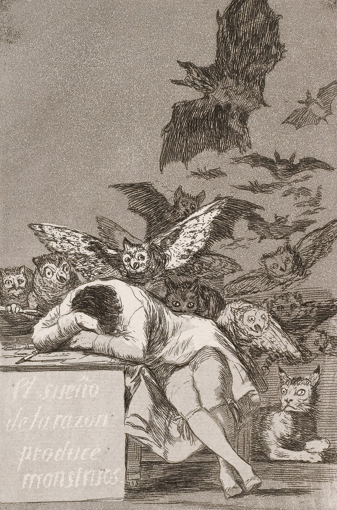 Goya's The Sleep of Reason Produces Monsters, Caprichos No. 43, c. 1799, aquatint and etching, showing a man slumped at a desk surrounded by owls and bats, Nelson-Atkins Museum of Art.