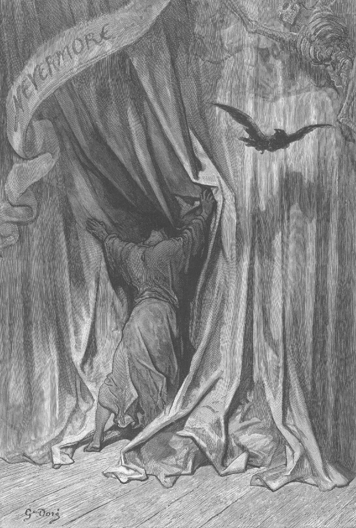 Gustave Doré engraving illustrating Edgar Allan Poe's poem The Raven, showing a raven perched on a bust of Pallas above a doorway, from The Raven by Edgar Allan Poe, 1884, Harper Brothers.