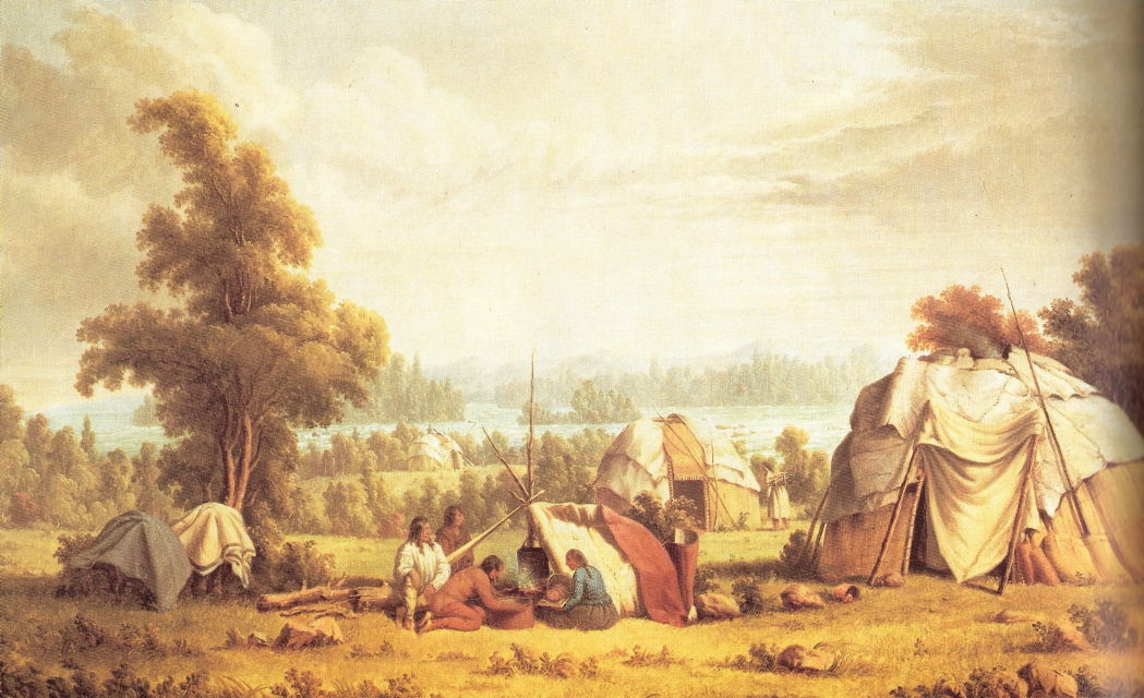 Paul Kane painting of an Ojibwa village at Sault Ste. Marie on Lake Superior, 1846.