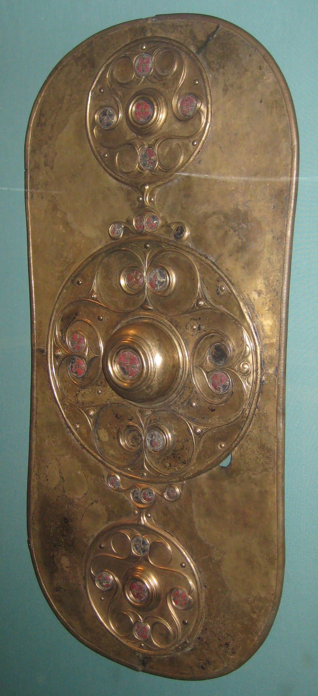 Iron Age Celtic bronze Battersea Shield with La Tène style decoration and red enamel roundels, British Museum.