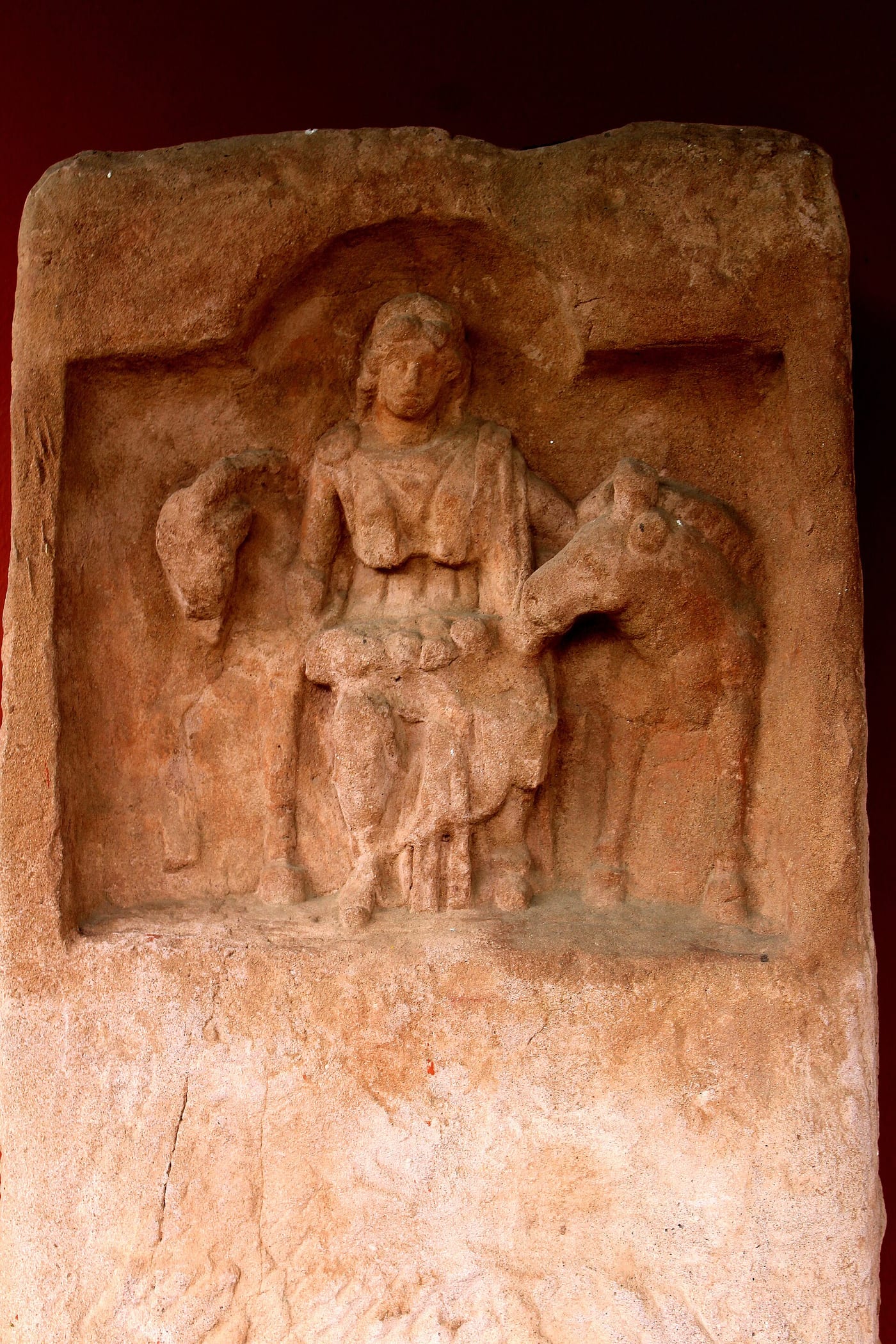 Gallo-Roman limestone votive relief of the horse-goddess Epona seated sidesaddle on her mare, 2nd–3rd century CE, from Rheinzabern, Germany, Historisches Museum der Pfalz, Speyer.