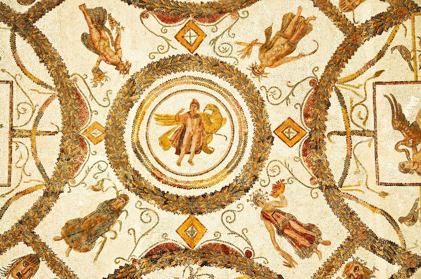 Roman mosaic depicting the abduction of Ganymede by Zeus's eagle, late 2nd century CE, El Jem Museum, Tunisia.