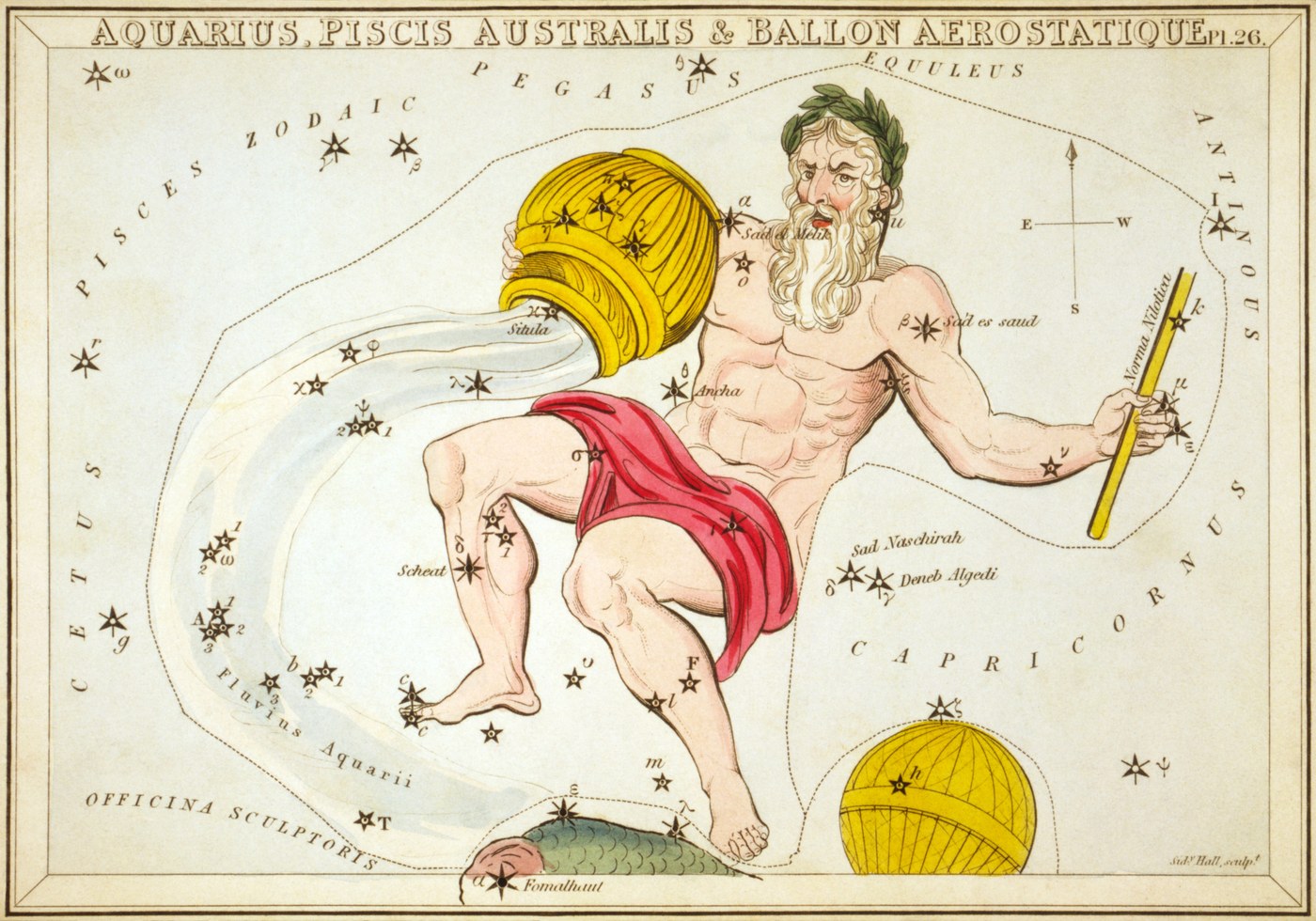 Aquarius the Water-Bearer from Urania's Mirror, engraved by Sidney Hall, 1824, a kneeling figure pouring water from an urn into Piscis Australis below, with an aerostat balloon at the card edge.