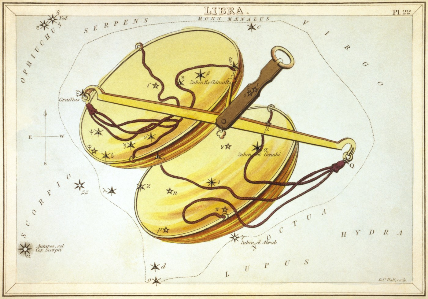Libra the Scales from Urania's Mirror, engraved by Sidney Hall, 1824, a balance scale suspended in a starfield.