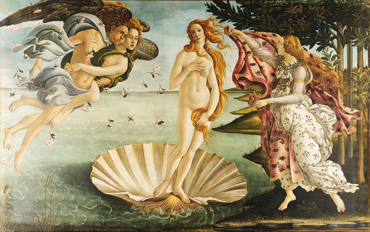 The Birth of Venus by Sandro Botticelli, c. 1485, Uffizi Gallery, Florence, showing Aphrodite (Venus) emerging from the sea on a shell.