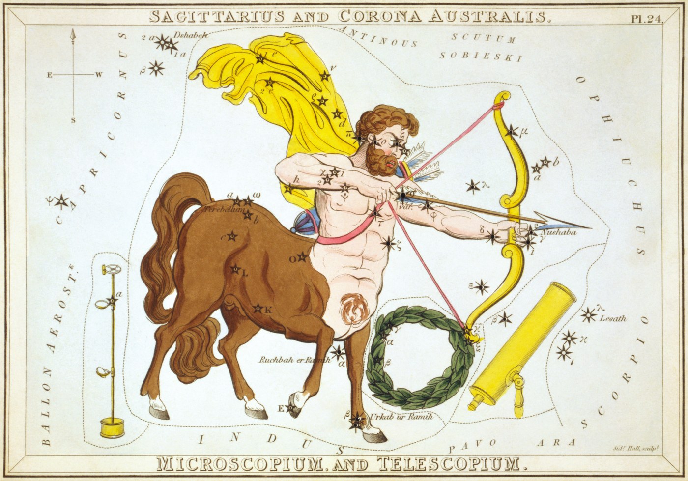 Sagittarius the Archer from Urania's Mirror, engraved by Sidney Hall, 1824, a centaur drawing a bow toward Scorpio with Corona Australis at his feet.