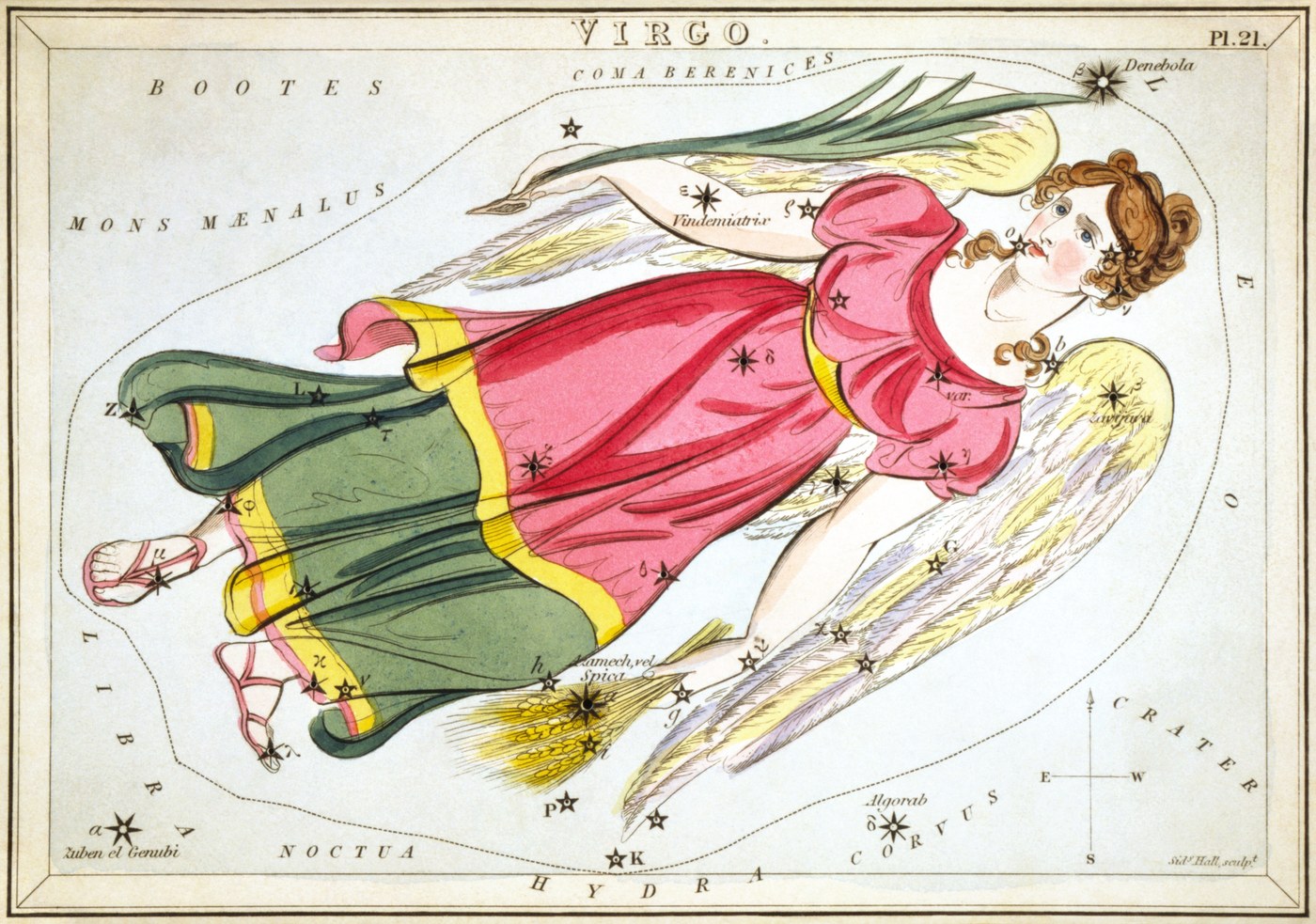 Virgo the Maiden from Urania's Mirror, engraved by Sidney Hall, 1824, a robed figure holding a sheaf of wheat with Spica marked on her outstretched hand.